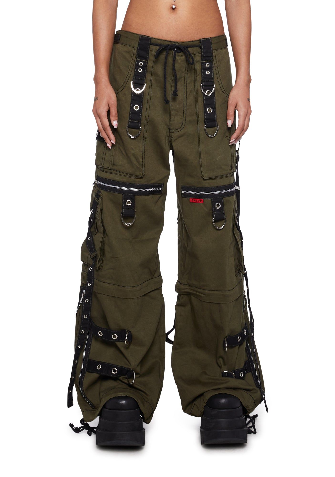 X-Strap Zip Off Pants- Green sold by Dolls Kill