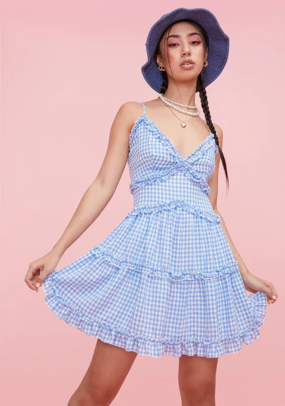 Sky Practically Perfect Gingham Mini Dress sold by Dolls Kill