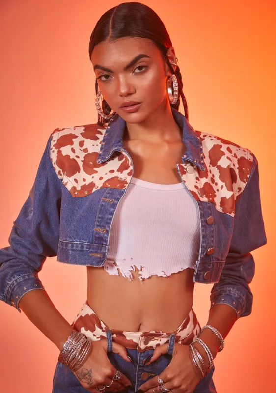 Classy In Cow Print Cropped Denim Jacket sold by Dolls Kill