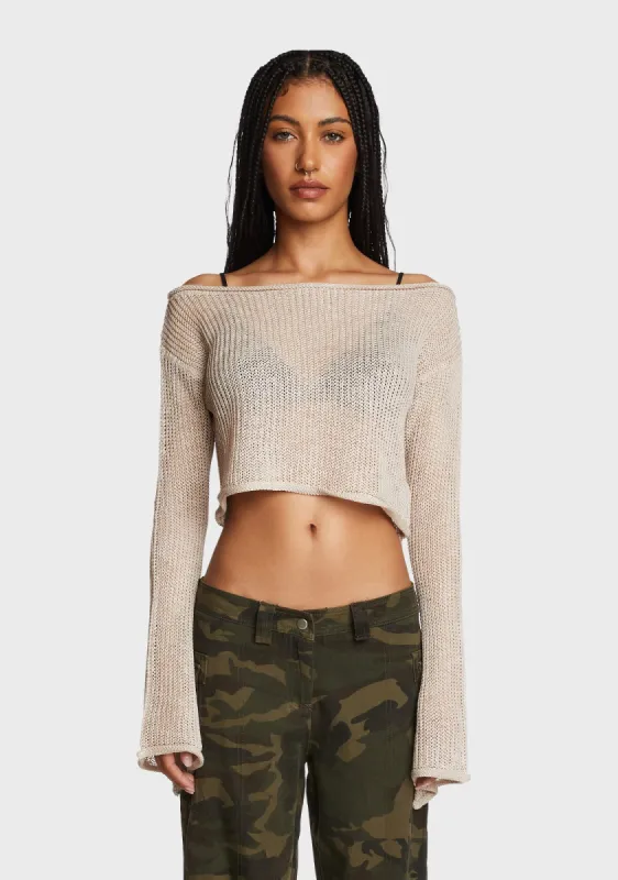 Emmie Off The Shoulder Sheer Knitted Top - Beige sold by Dolls Kill