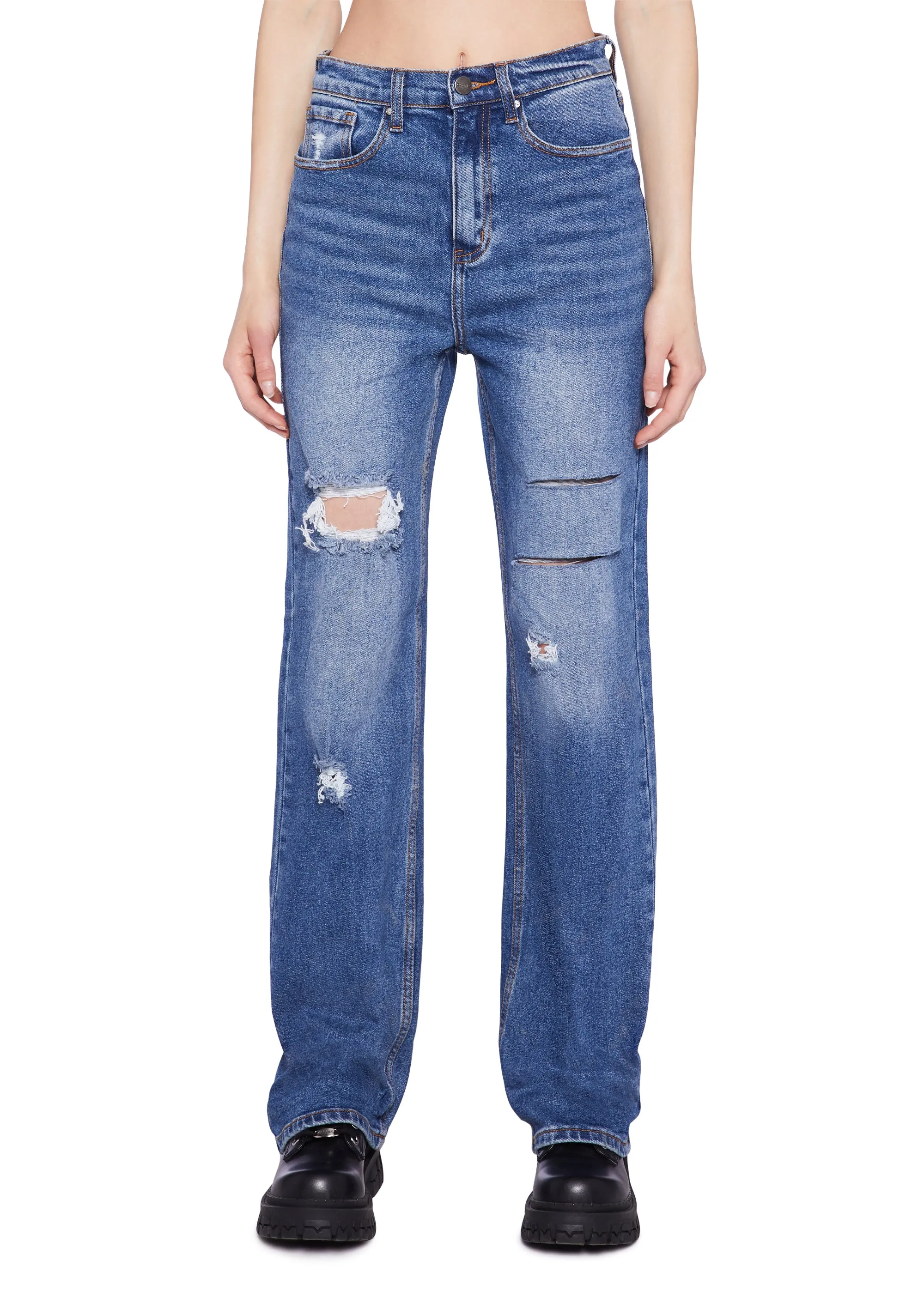 Distressed High Rise Straight Denim Jeans - Dark Blue sold by Dolls Kill