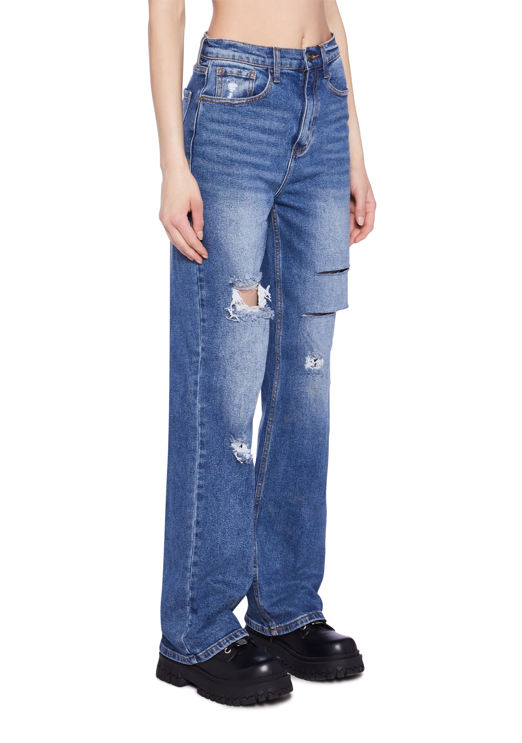 Distressed High Rise Straight Denim Jeans - Dark Blue sold by Dolls Kill product image thumbnail 3