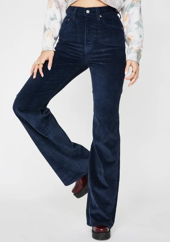 Navy Blue Ribcage Wide Leg Corduroy Pants sold by Dolls Kill