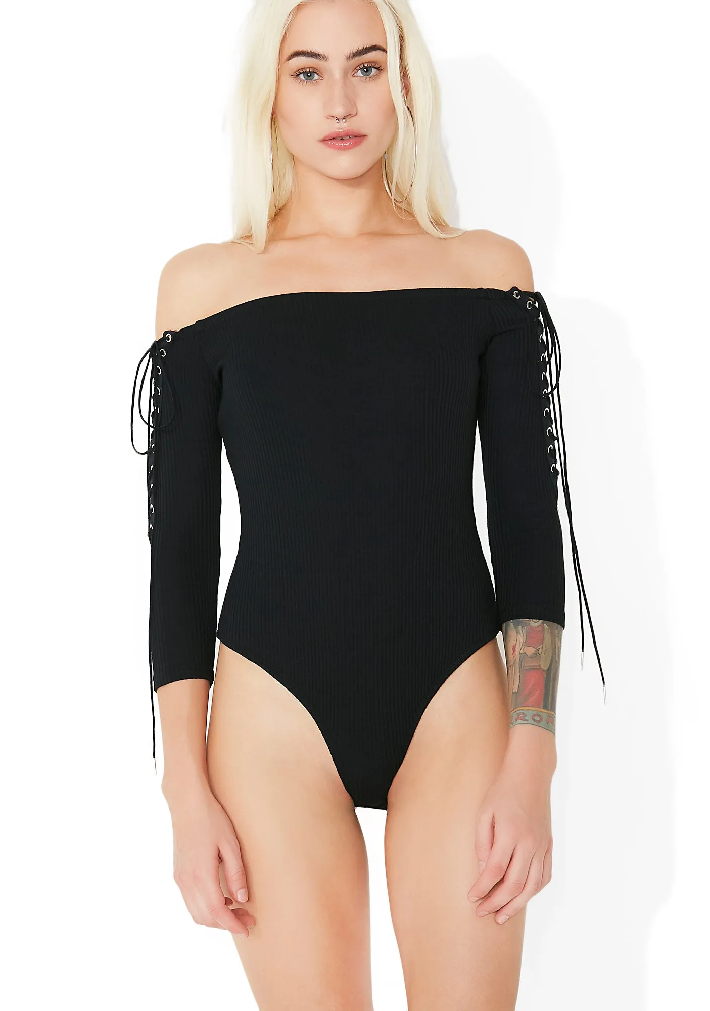 Play Dirty Off-Shoulder Lace-Up Bodysuit sold by Dolls Kill product image thumbnail 5
