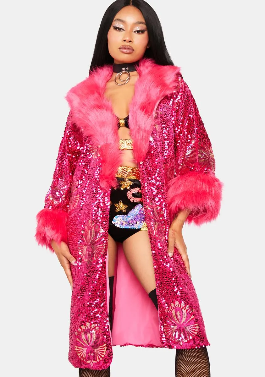 The Pink Starlet Sequin Faux Fur Jacket sold by Dolls Kill