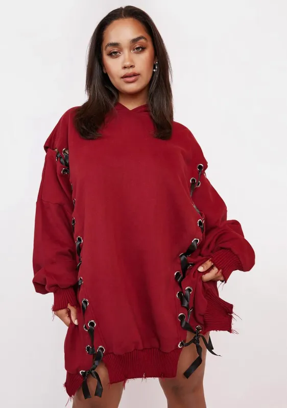 Plus Wine Hearts N Hellions Lace Up Hoodie sold by Dolls Kill