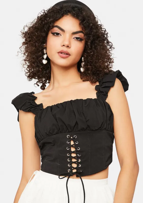 Noir Glamour Lights Ruffle Lace Up Corset Top sold by Dolls Kill