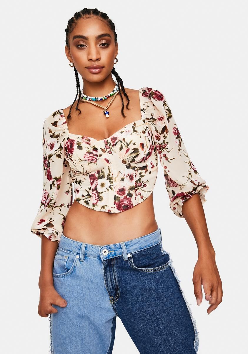 Flawless Florals Floral Puff Bustier Crop Top sold by Dolls Kill