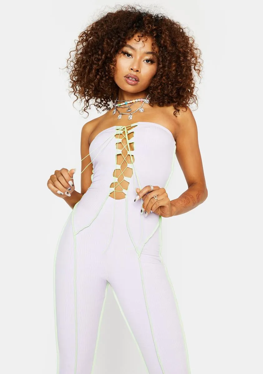 Lavender Diva Energy Lace-Up Jumpsuit sold by Dolls Kill