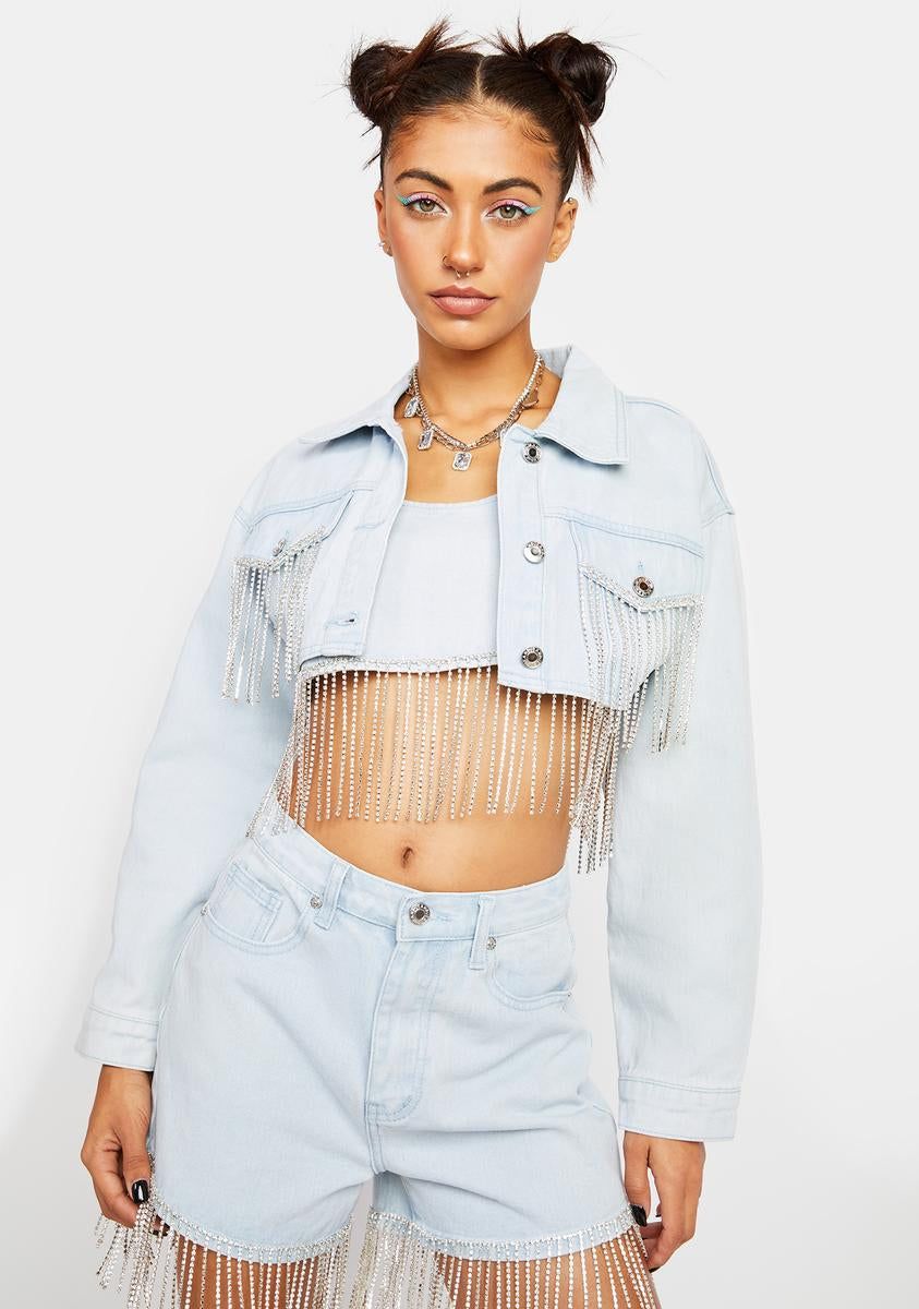 Cropped Denim Jacket With Diamante Fringe sold by Dolls Kill
