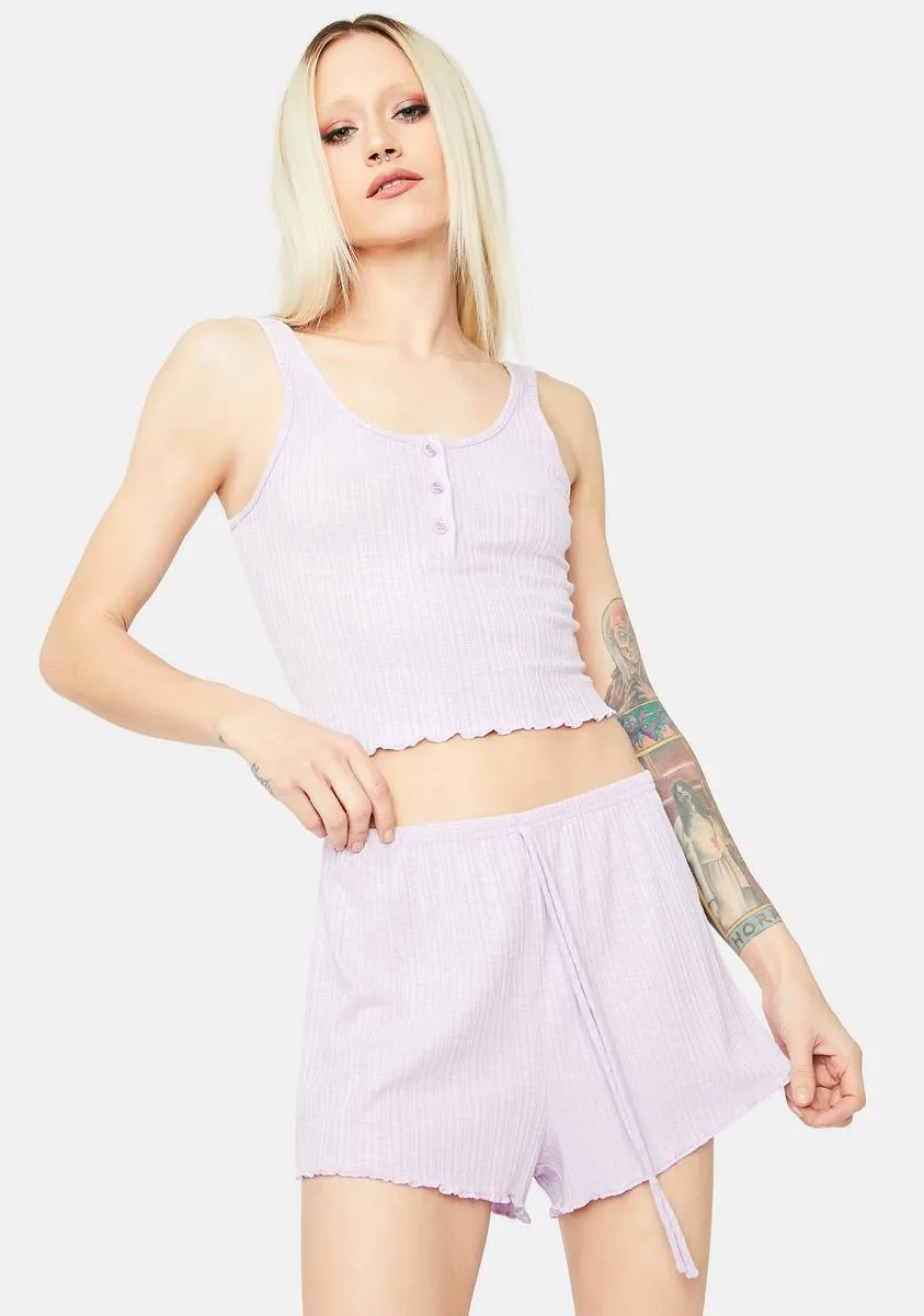 Lavender Lazy Off Day Ruffle Trim Tank Short Knit Set sold by Dolls Kill