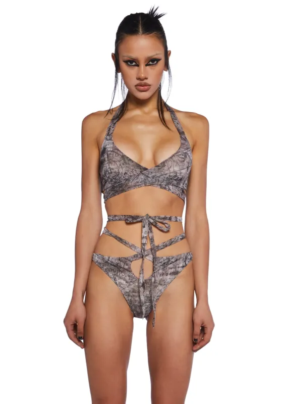 Downbeat Map Print Wrap Lingerie Set sold by Dolls Kill