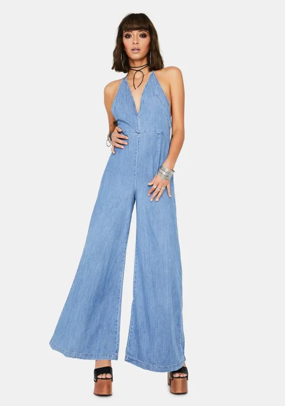 Josie Halter Denim Jumpsuit sold by Dolls Kill
