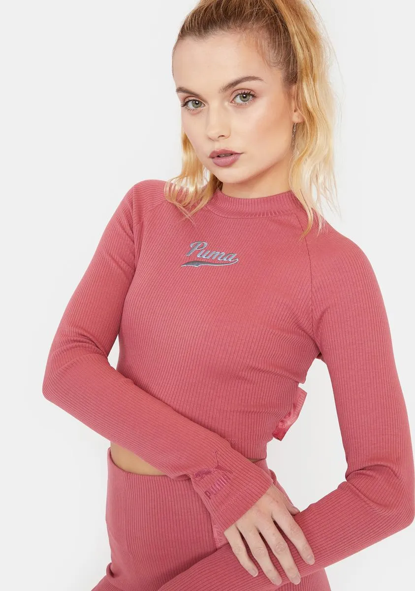 Pink Ribbed Long Sleeve Top sold by Dolls Kill
