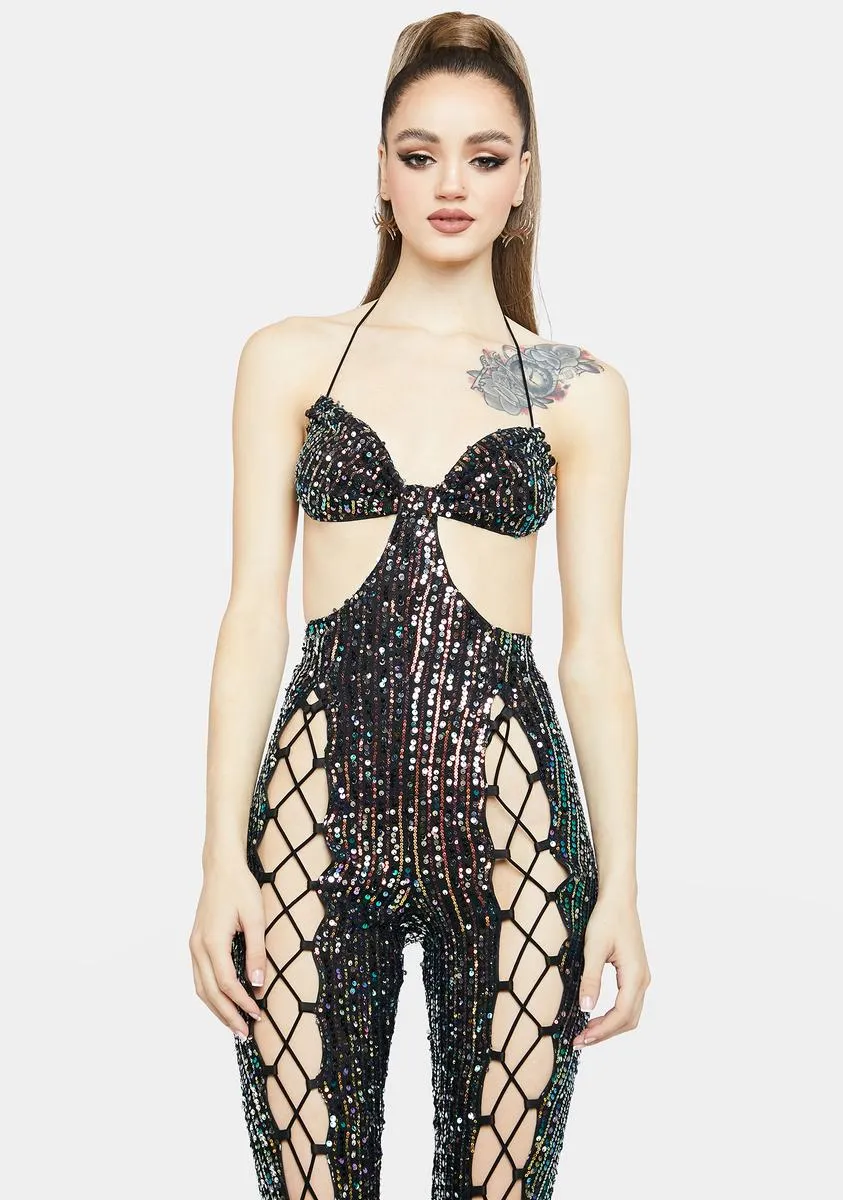 Midnight Shoot Your Shot Sequin Jumpsuit sold by Dolls Kill