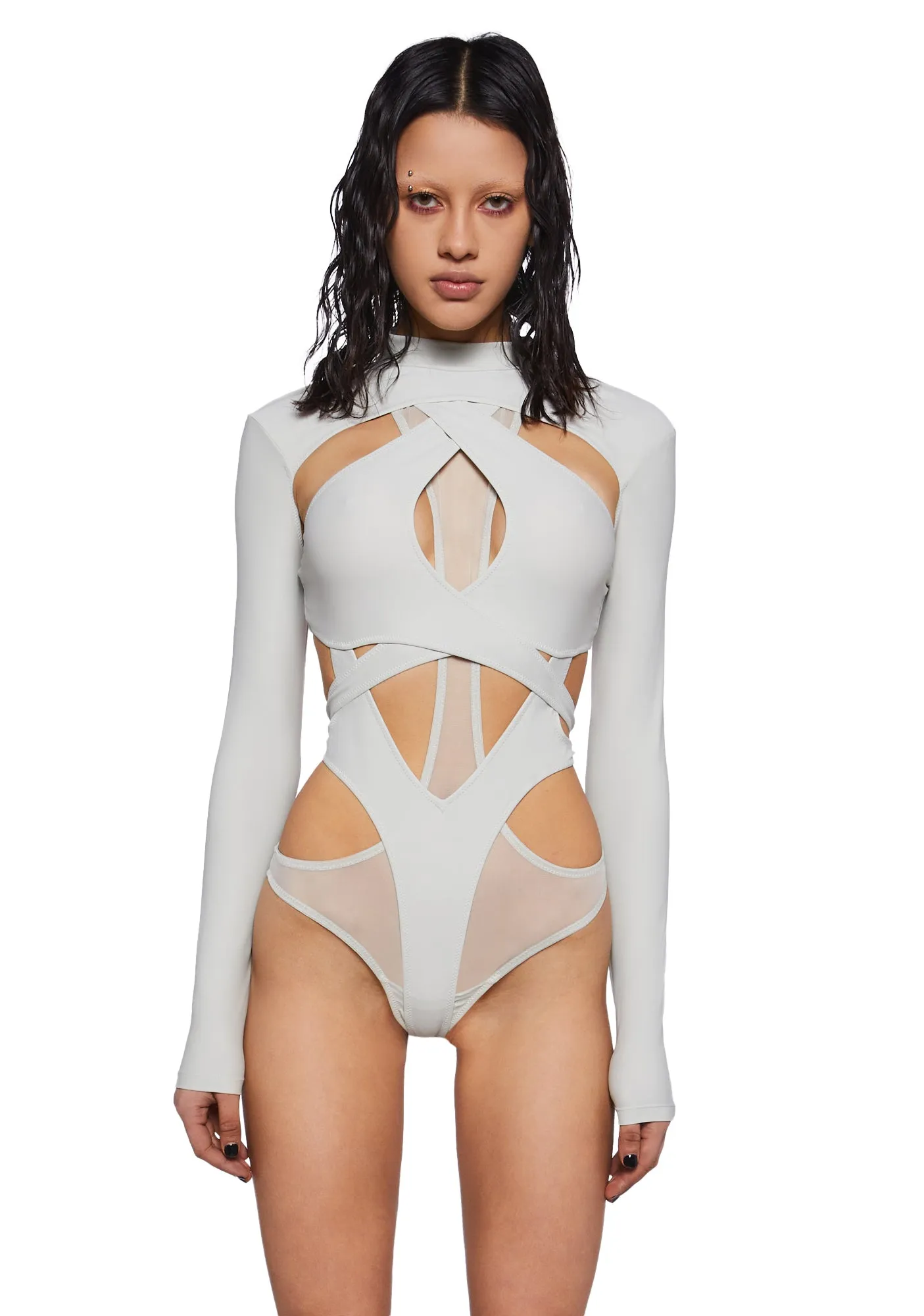 Crossfade Strappy Spandex And Mesh Bodysuit - Gray sold by Dolls Kill