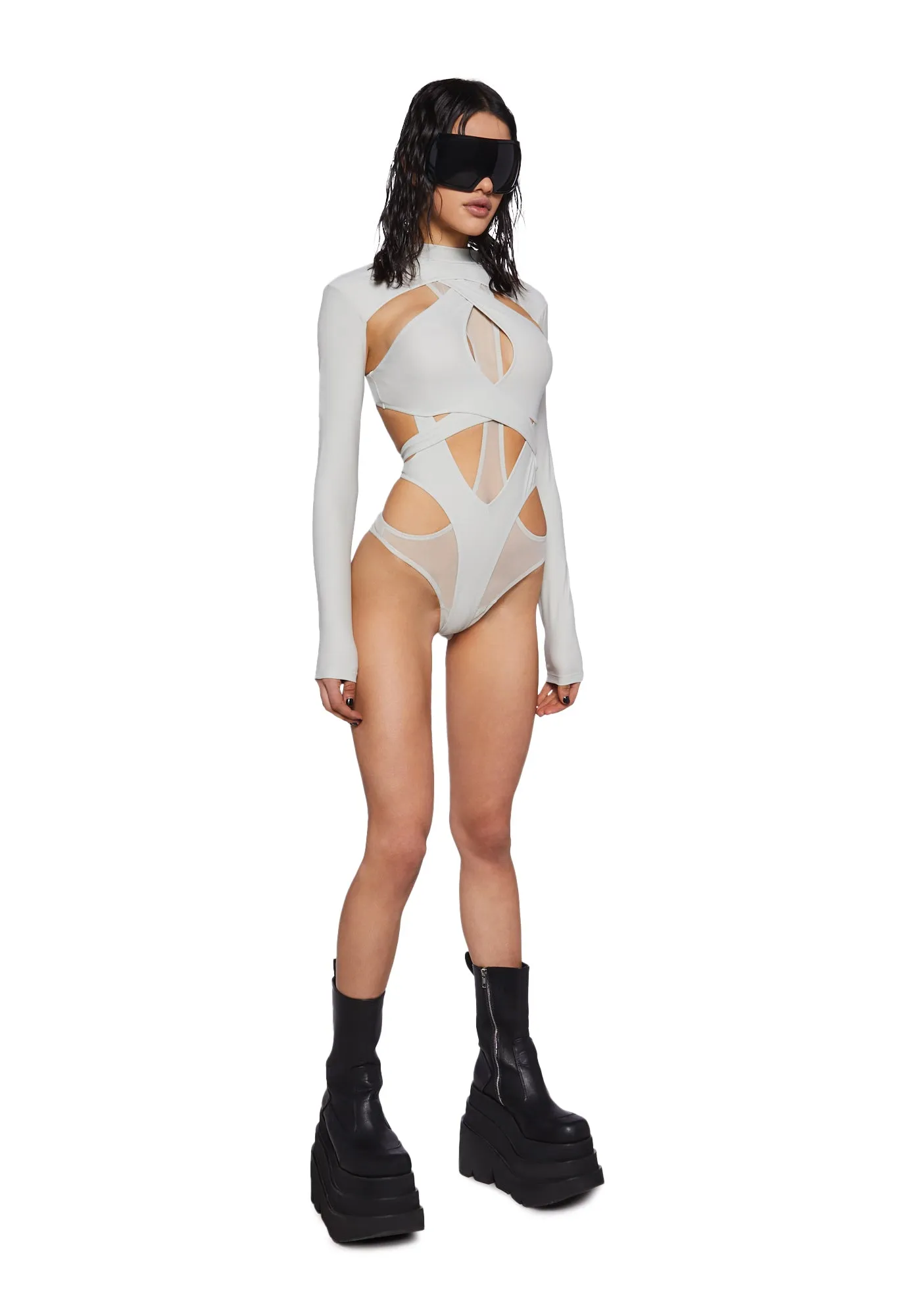 Crossfade Strappy Spandex And Mesh Bodysuit - Gray sold by Dolls Kill product image thumbnail 2