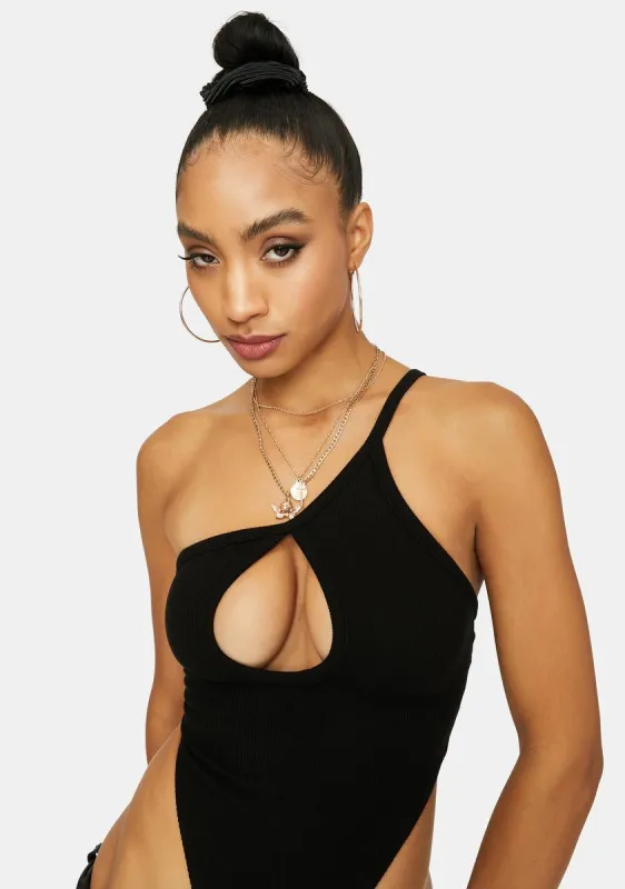 Noir Focused Love One Shoulder Keyhole Chest Bodysuit sold by Dolls Kill
