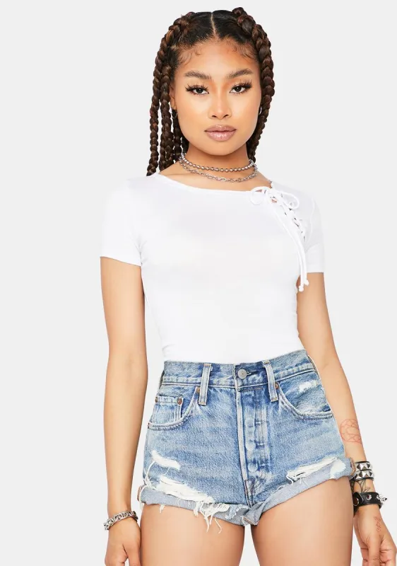Ivory Fake Friends Lace Up Crop Tee sold by Dolls Kill