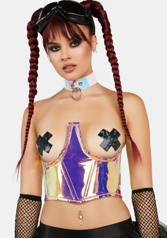 Lavish Iridescent Rainbow Gold Open Cup Waist Cincher sold by Dolls Kill