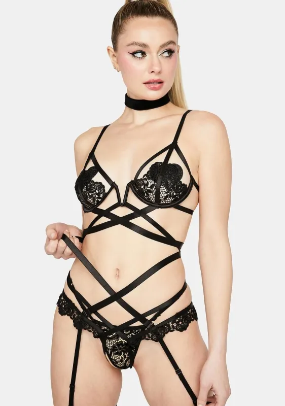 Embroidered Lace Strappy Underwire Lingerie Set sold by Dolls Kill