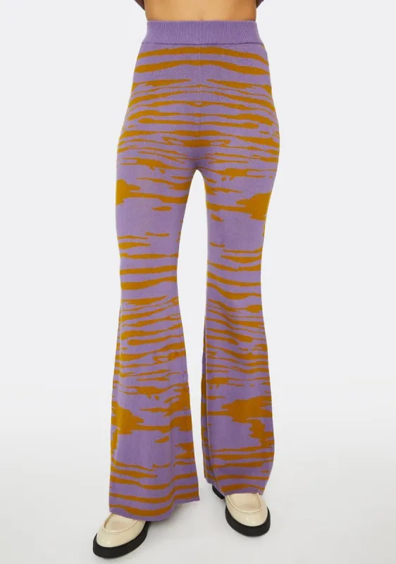 Lilac Abstract Knit Flare Pants sold by Dolls Kill