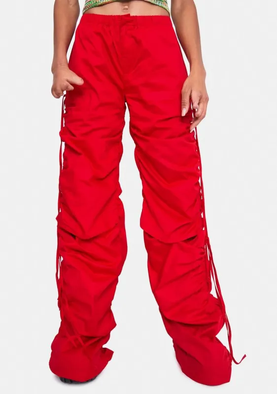 Red Cotton Wide Leg Cargo Trouser With Cut Out Ruched Detail made by Jaded London