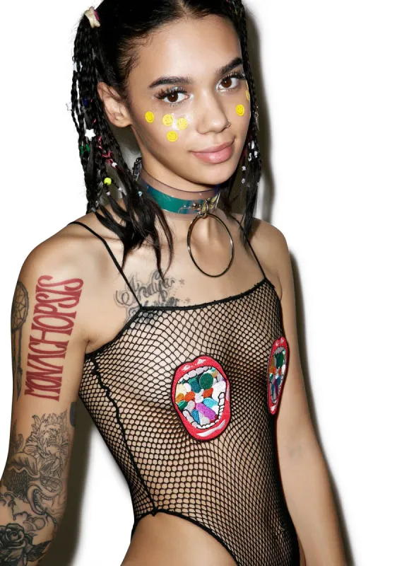 Mouth O Pillz Patch Fishnet Bodysuit sold by Dolls Kill