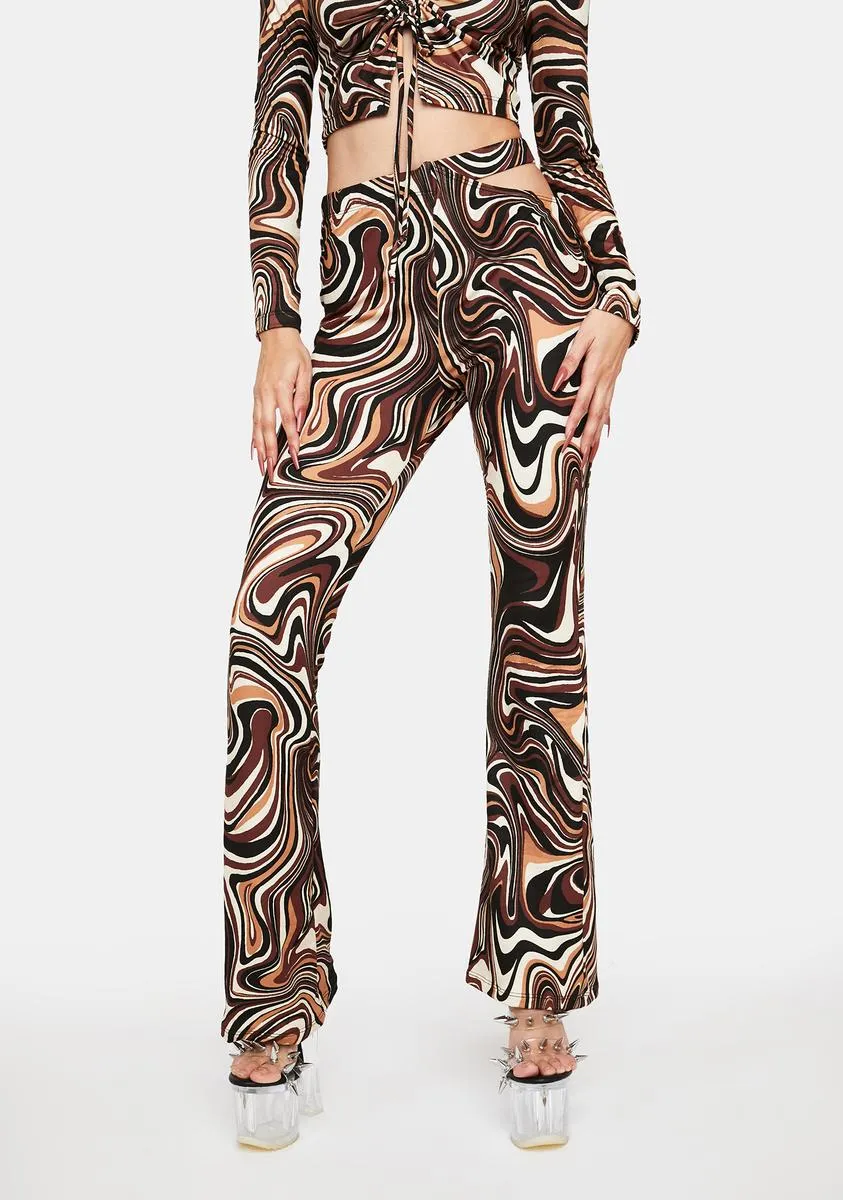Pretty Garbage Swirl Print Hip Cut Out Flare Pants - Brown sold by Dolls Kill