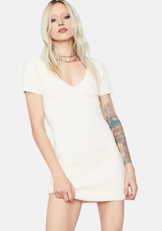 Cream Love This Feeling Fuzzy Knit Mini Dress sold by Dolls Kill