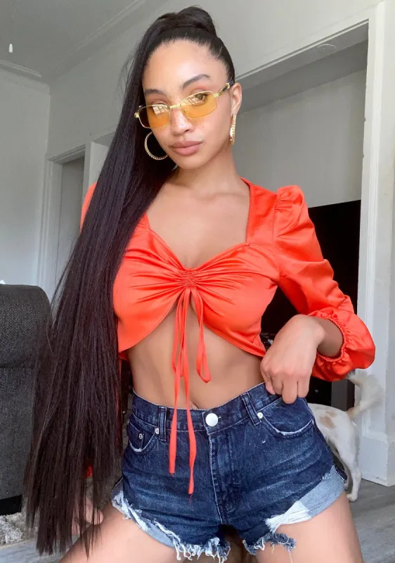 Red Orange Ruched Crop Top sold by Dolls Kill
