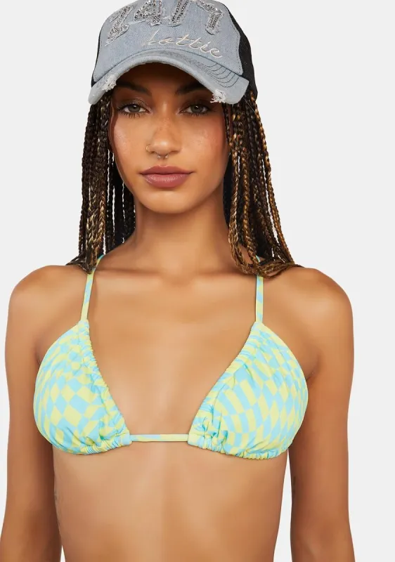 Lime Wave Check Gathered Tri Bikini Top sold by Dolls Kill