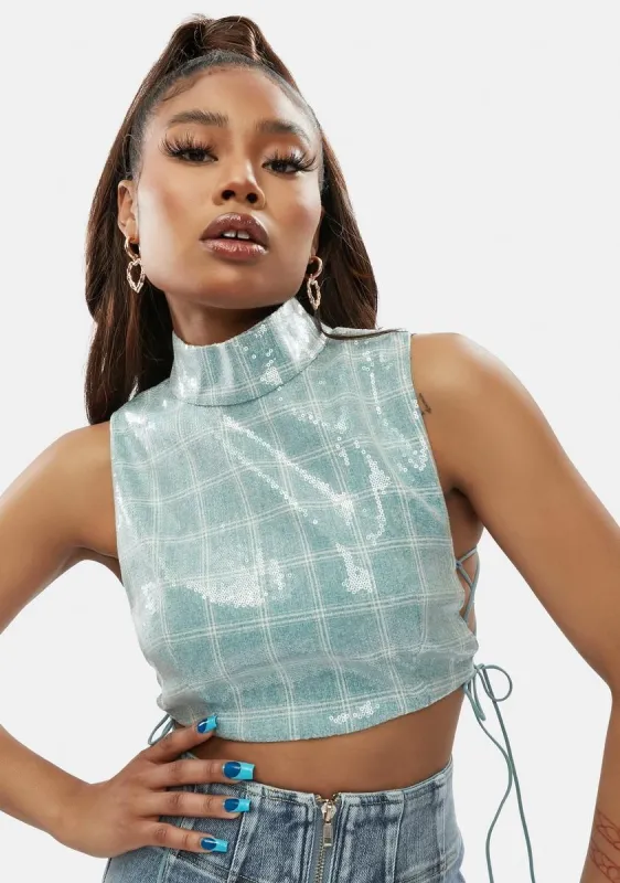 Teal Jazz Up Sequin Plaid Tank sold by Dolls Kill
