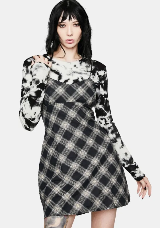 Valy 20s Check Black Grey Slip Dress sold by Dolls Kill