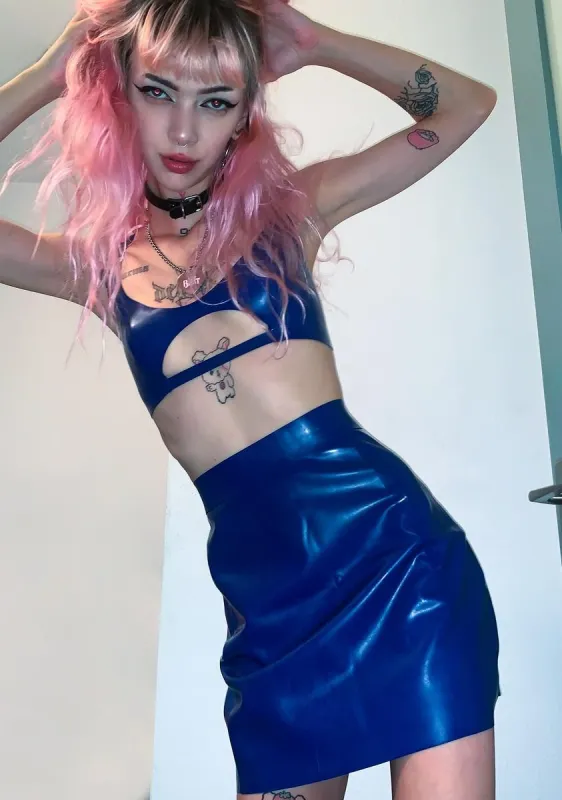 Blue Latex Mini Skirt sold by Dolls Kill