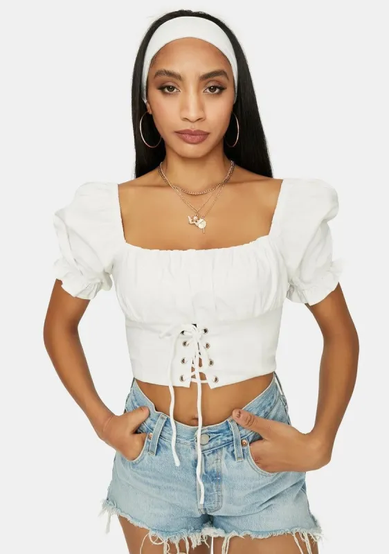 Pure No Spoilers Off Shoulder Lace Up Crop Top sold by Dolls Kill