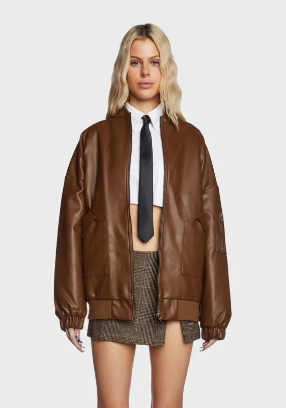 Faux Leather Oversized Bomber Jacket - Brown sold by Dolls Kill
