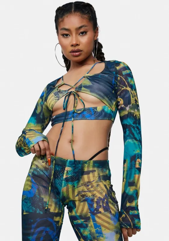 Abstract Burn Print Mesh Long Sleeve Crop Top sold by Dolls Kill