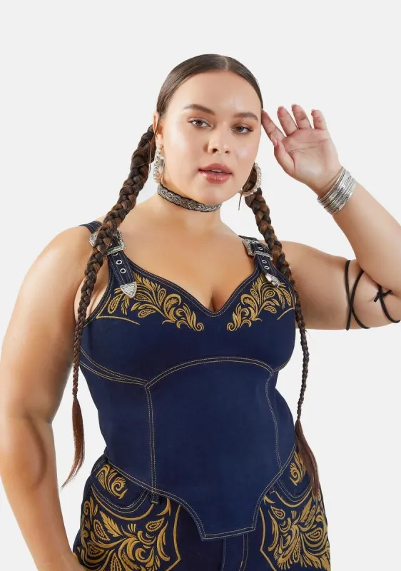 Plus Cowgirl Ride Denim Corset Top sold by Dolls Kill