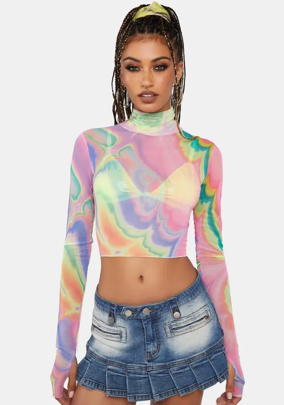 Abstract Multi Marble Micaela Long Sleeve Mesh Top sold by Dolls Kill