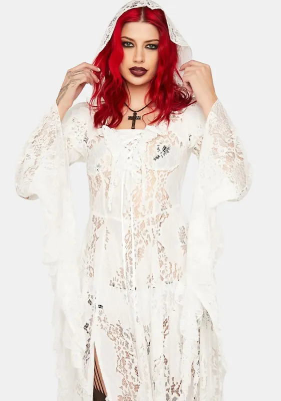 Hooded White Lace Maxi Dress sold by Dolls Kill