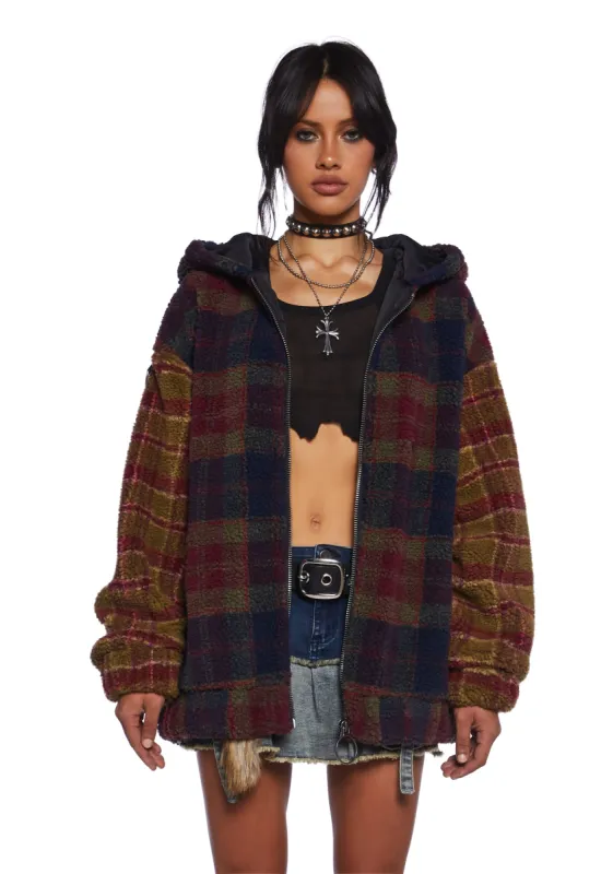 I Don’t Care Hooded Sherpa Jacket sold by Dolls Kill