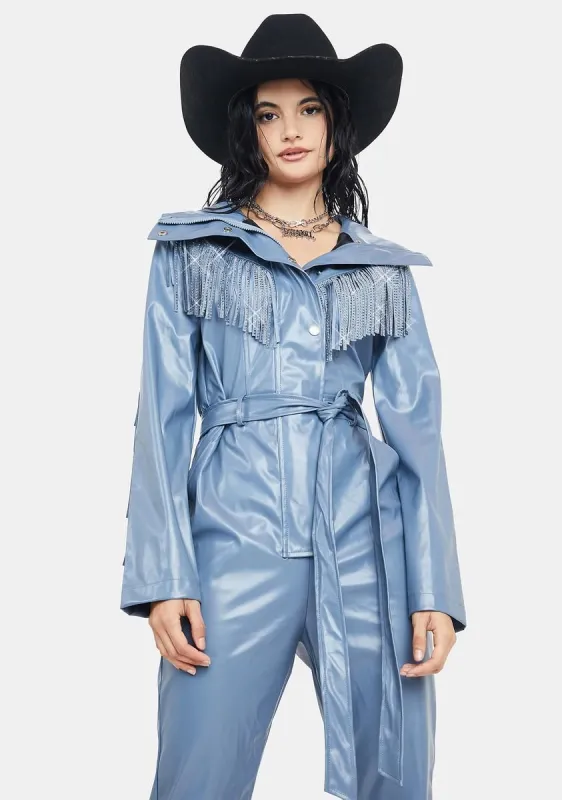 Periwinkle No Free Rides Fringe Jumpsuit sold by Dolls Kill