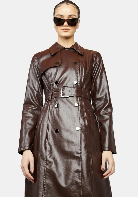 Coffee Dominance Overload Faux Leather Trench Coat sold by Dolls Kill
