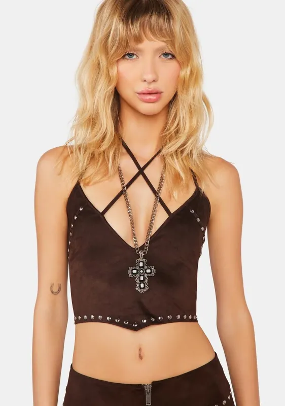 Coffee Backstage Babe Faux Suede Halter Top sold by Dolls Kill