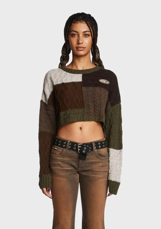 Gigi Patchwork Cable Knit Crop Jumper sold by Dolls Kill