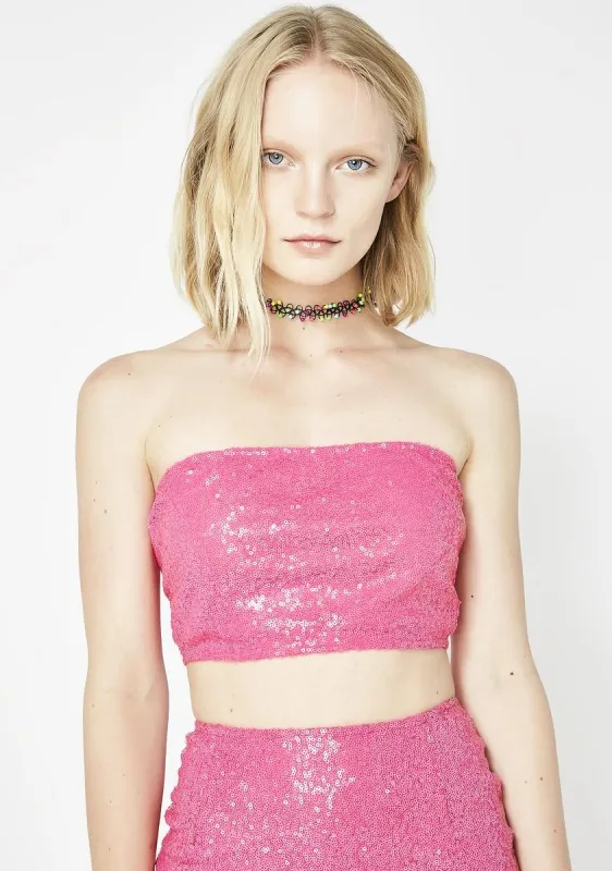 Paris Pink Sequin Lace Tube Top sold by Dolls Kill