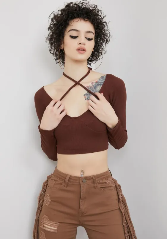 Coffee Hit My Stride Halter Crop Top sold by Dolls Kill