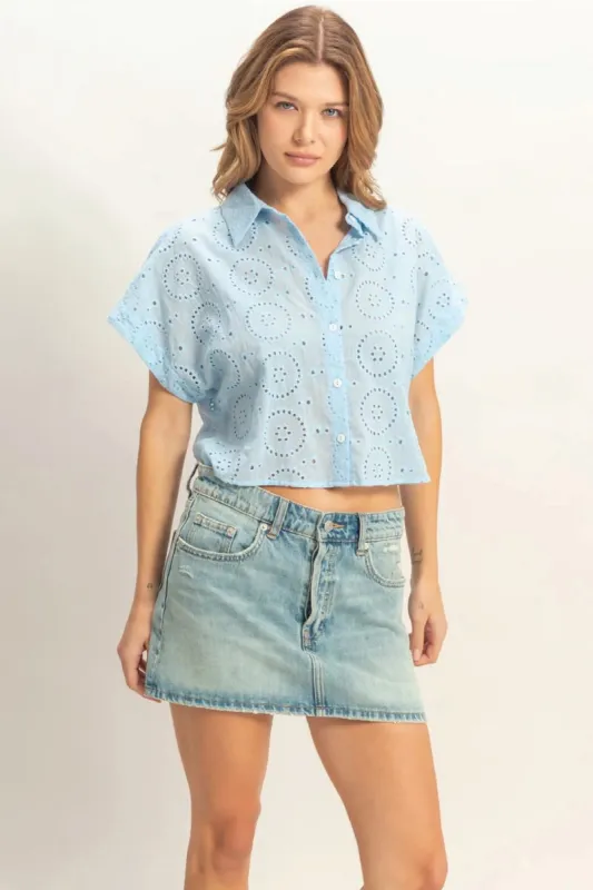 Eyelet Cropped Button Up made by Double Zero