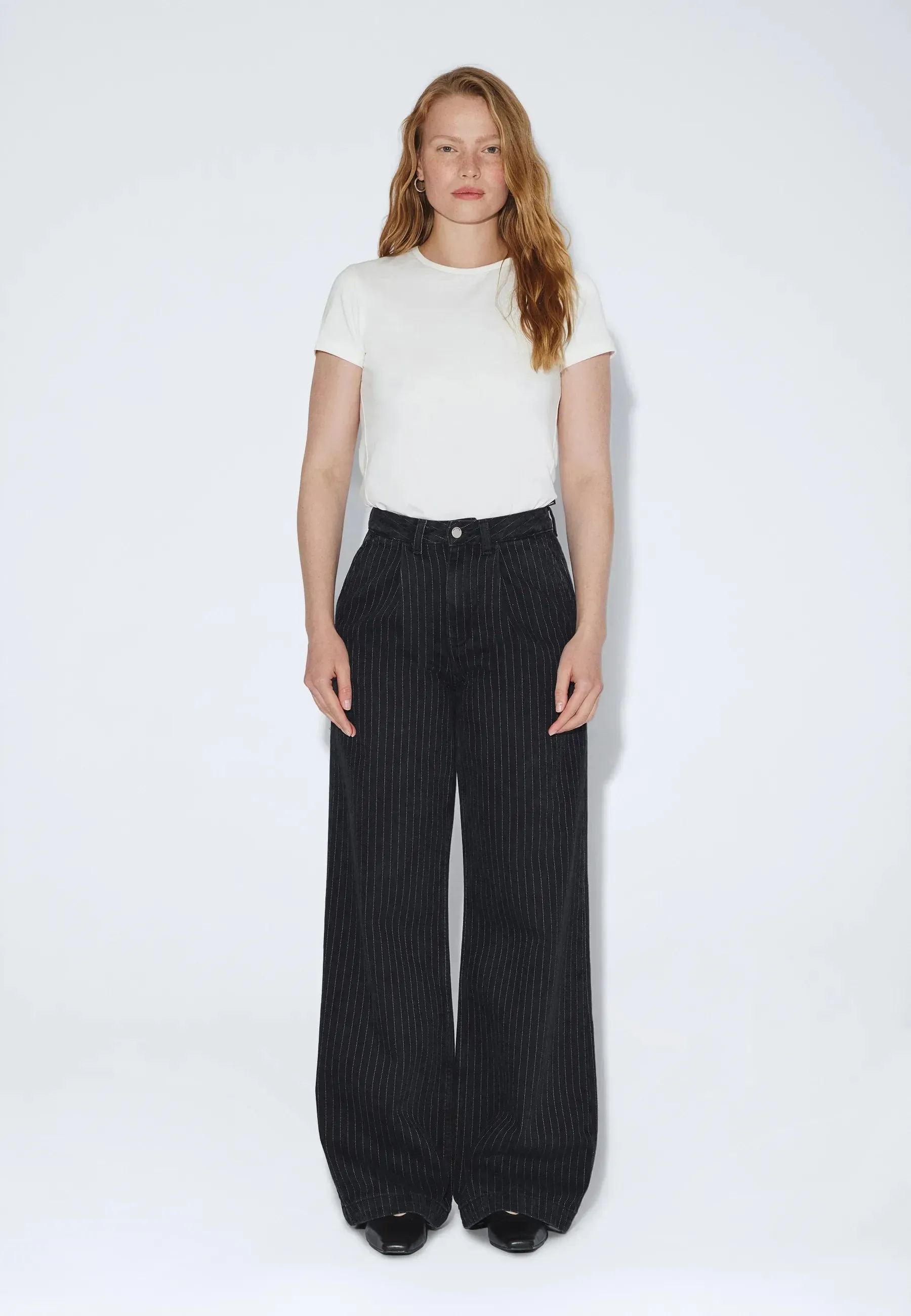 Rhue High Wide Pleated - Washed Black Pinstripe sold by Dr. Denim